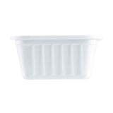 A small, white, rectangular melamine sauce cup with slightly flared sides and vertical ridges. This container features a flat rim around the top and appears empty. It is photographed against a plain white background.
