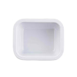 A plain, rectangular white melamine dish is shown from above on a white background. With slightly rounded edges and a smooth, glossy surface, this minimalist piece is ideal as a sauce cup or for serving sides in the Better Burger Collection.