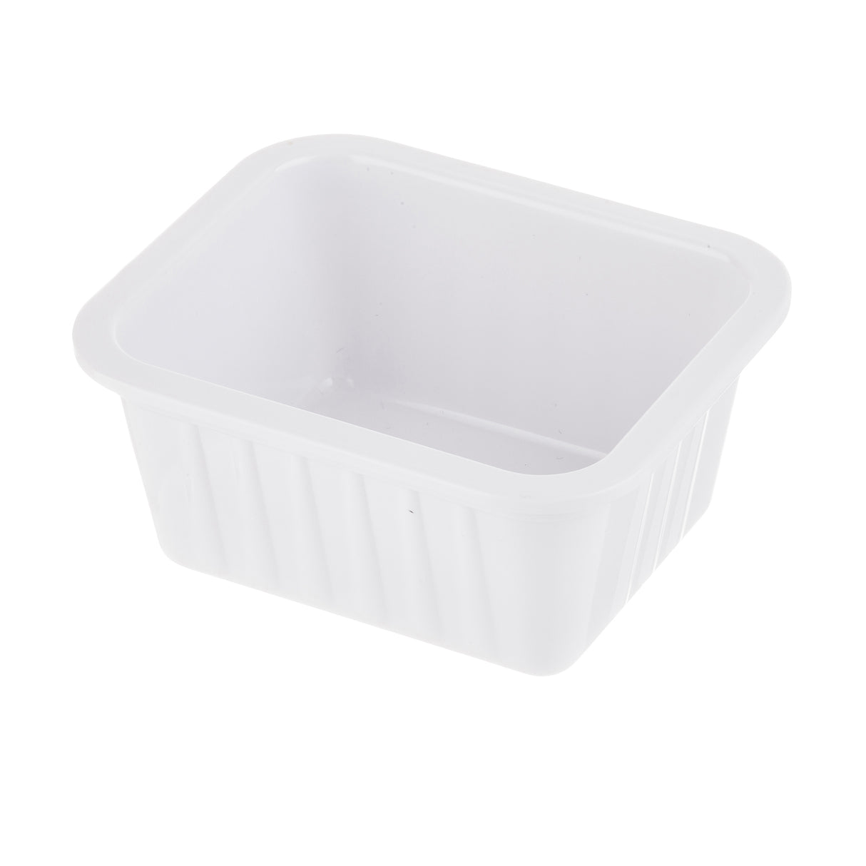 A small, empty, white melamine soufflé cup with slightly rounded corners and vertical ridges on the sides, set against a plain white background; this container is also dishwasher safe.