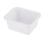 A small, empty, white melamine soufflé cup with slightly rounded corners and vertical ridges on the sides, set against a plain white background; this container is also dishwasher safe.