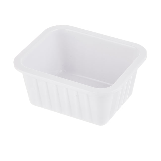 A small, empty, white melamine soufflé cup with slightly rounded corners and vertical ridges on the sides, set against a plain white background; this container is also dishwasher safe.