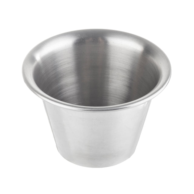 A 3 oz stainless steel sauce cup with a smooth, shiny surface and a rounded rim. The cup is empty and photographed against a plain white background, highlighting its simple, functional design.