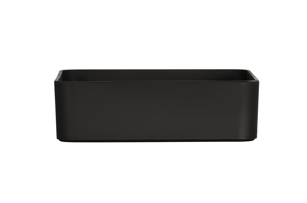 A rectangular, matte black Hudson Bowl with smooth, slightly rounded corners and straight sides, shown against a plain white background. The melamine bowl appears sturdy, shallow, and is dishwasher safe for easy cleaning.