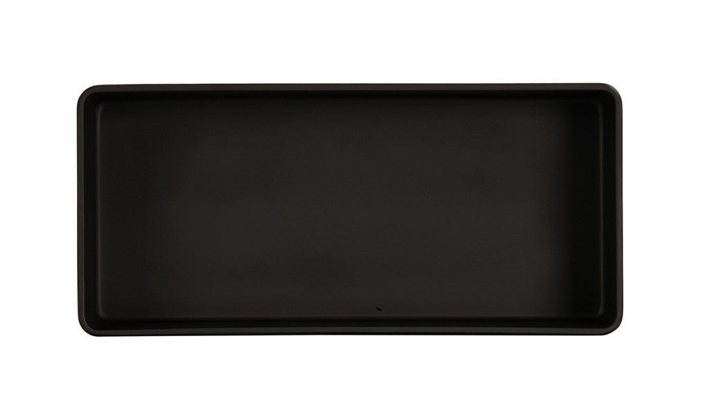 A rectangular black bowl with slightly raised edges is shown on a white background, viewed from directly above. This Hudson Bowl features smooth melamine surfaces and rounded corners for a sleek, modern look.