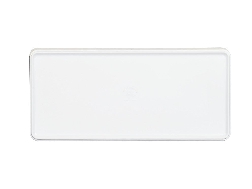 A plain, rectangular, white plastic tray lid is centered on a white background. The lid has slightly rounded edges and a subtle raised border. Made to fit the Hudson Bowl melamine bowl, it is dishwasher safe with a faint embossed marking in the center.