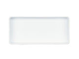 A rectangular, white, shallow tray with rounded corners is centered on a plain white background. Made from dishwasher safe melamine, the tray features smooth edges and a minimalist design. The image is well-lit and taken from a top-down perspective.