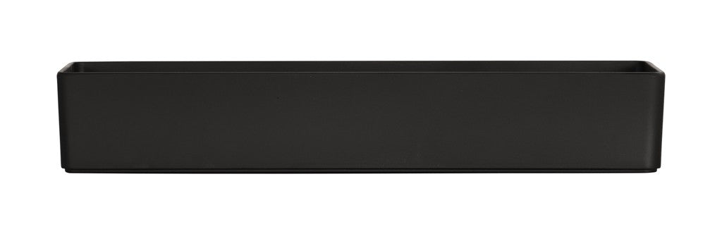 A rectangular, matte black planter box is shown against a white background. Its straight edges and lack of visible designs give it a modern, minimalist look—similar in style to the sleek Hudson Bowl collection.
