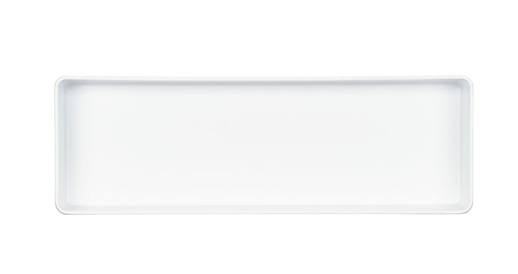 A rectangular, white, shallow Hudson Bowl tray with slightly raised edges, photographed from above against a plain white background. The tray is empty, has clean, smooth surfaces and is dishwasher safe for easy cleaning.