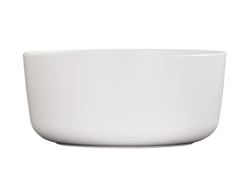 A plain white Oslo bowl with smooth, rounded edges and a matte finish. The bowl is empty and photographed against a white background, emphasizing its simple, minimalist design. This dishwasher safe bowl blends practicality with style.