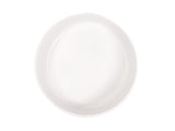 A plain, round, white ceramic Oslo bowl is photographed from above against a white background. The bowl is empty and has a smooth, glossy surface with slightly raised edges.