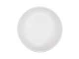 A plain, empty, round white ceramic bowl is shown from above against a white background. Reminiscent of minimalist Oslo design, the bowl has smooth edges and an even, glossy surface with no visible patterns or textures.