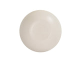 A round, beige silicone breast implant is shown against a white background. The surface is smooth with a matte finish, resembling an Oslo Bowl or melamine bowl, and faint embossed text in the center indicates product information. The implant appears unused and clean.