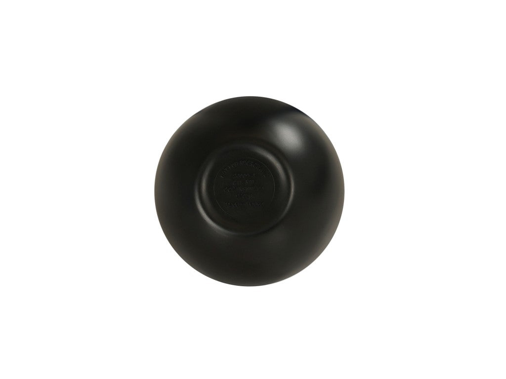 A black Magic 8-Ball is shown from above on a white background. The smooth, circular surface resembles an Oslo Bowl, with a faintly visible window and raised text at the center where answers appear.