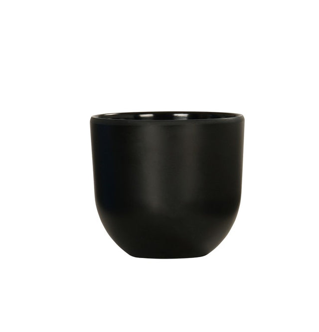 A matte black ceramic cup with a smooth, rounded shape and no handle, set against a plain white background. Reminiscent of the Oslo Bowl, it features a slightly curved base, straight rim, and minimalist modern design.