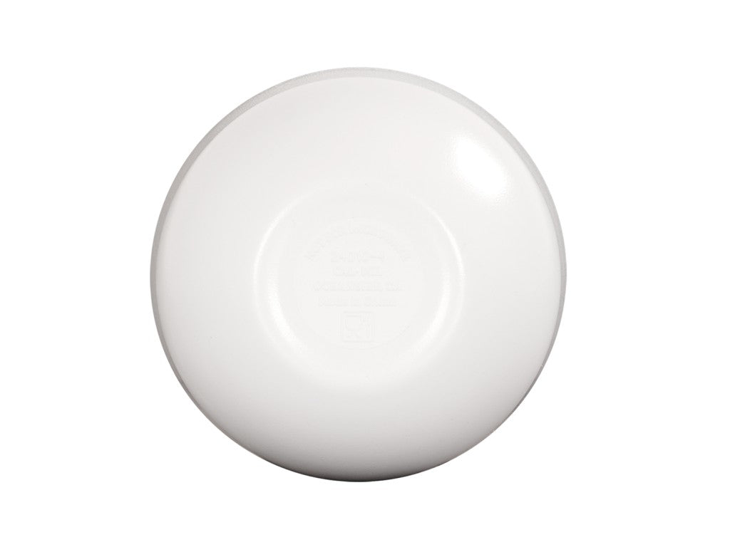 A plain white ceramic plate shown upside down against a white background. The round plate, marked with faint text for branding, features a slightly raised base and may be similar to Oslo’s dishwasher safe melamine bowl in design.