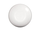 A plain white ceramic plate shown upside down against a white background. The round plate, marked with faint text for branding, features a slightly raised base and may be similar to Oslo’s dishwasher safe melamine bowl in design.