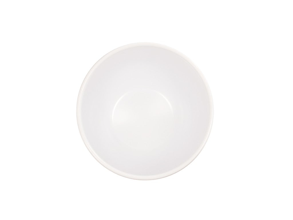 A top-down view of an empty, round, white melamine bowl centered on a plain white background. The Oslo-inspired bowl is simple, dishwasher safe, with smooth edges and no visible patterns or decorations.