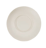 A plain, off-white ceramic plate viewed from above. The plate has a slightly uneven, handcrafted edge and a circular indentation in the center, resembling a hand thrown bowl, set against a white background.