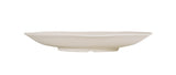 A white, shallow, oval-shaped ceramic plate with slightly wavy edges is shown in profile against a plain white background. Dishwasher safe, it features a smooth surface and sits on a small, rounded base for added elegance.