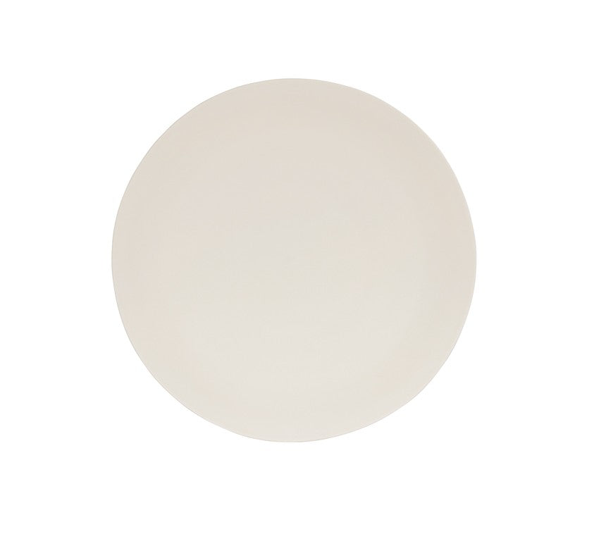 A plain, round, off-white ceramic plate is shown centered on a white background. Smooth and minimalistic in design, this plate is also dishwasher safe, making it as practical as it is simple.