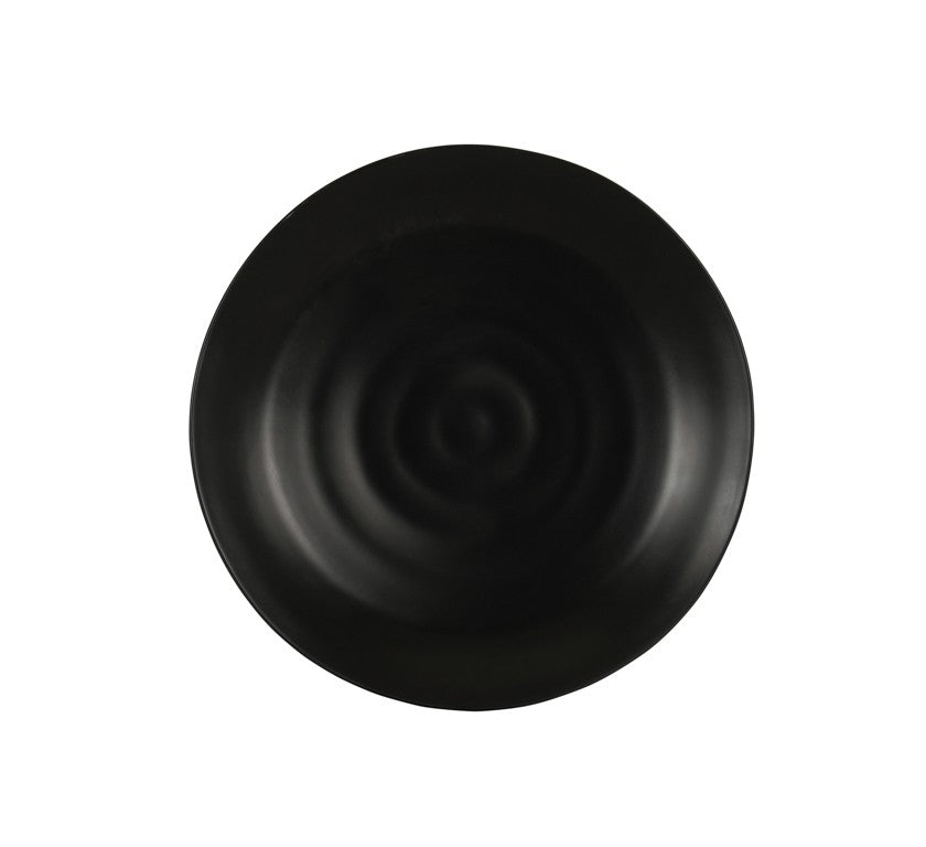 A round, matte black melamine bowl with a slightly rippled, concentric circle pattern is centered on a plain white background. The bowl has a modern, minimalist design, smooth edges, and is dishwasher safe.