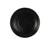 A round, matte black melamine bowl with a slightly rippled, concentric circle pattern is centered on a plain white background. The bowl has a modern, minimalist design, smooth edges, and is dishwasher safe.
