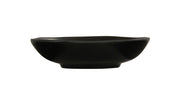 A plain, black, shallow ceramic bowl with slightly flared sides and a smooth matte finish, shown in a side profile view against a white background. This hand thrown bowl is both stylish and functional.