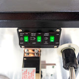 Close-up of a countertop popcorn machine control panel with three black switches for the stainless steel kettle, motor, and lights warmer. Each switch has green “ON” and white “OFF” positions, all set against a sleek metallic background.