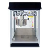 A classic countertop popcorn popper with a black top and glass sides. “POPCORN” is printed in bold letters above a metal popping kettle. The interior is empty, and the base features a perforated metal tray for easy cleanup.