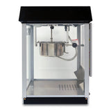 A countertop popcorn machine with a black top and base features a stainless steel kettle suspended inside. The clear front door and vented floor let you watch every batch as this stylish popcorn popper creates perfect snacks.