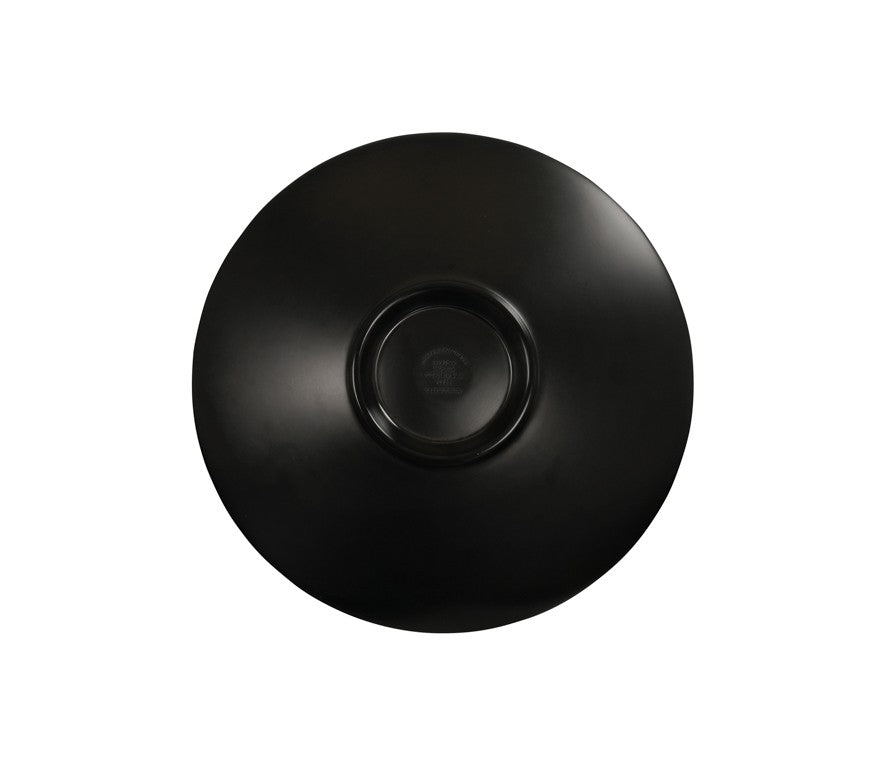 A plain, round, black ceramic plate—dishwasher safe and pictured from above—rests against a white background. The plate has a subtle central indentation and a smooth, glossy finish, with a small circular base visible at its center.