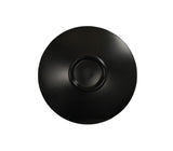 A plain, round, black ceramic plate—dishwasher safe and pictured from above—rests against a white background. The plate has a subtle central indentation and a smooth, glossy finish, with a small circular base visible at its center.