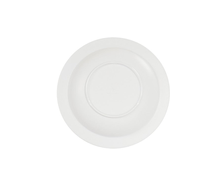 A minimalistic, round, white 10 inch bowl with a slightly raised rim and smooth, glossy surface sits centered on a white background. The melamine bowl features no visible designs or patterns and is evenly lit.