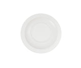 A minimalistic, round, white 10 inch bowl with a slightly raised rim and smooth, glossy surface sits centered on a white background. The melamine bowl features no visible designs or patterns and is evenly lit.