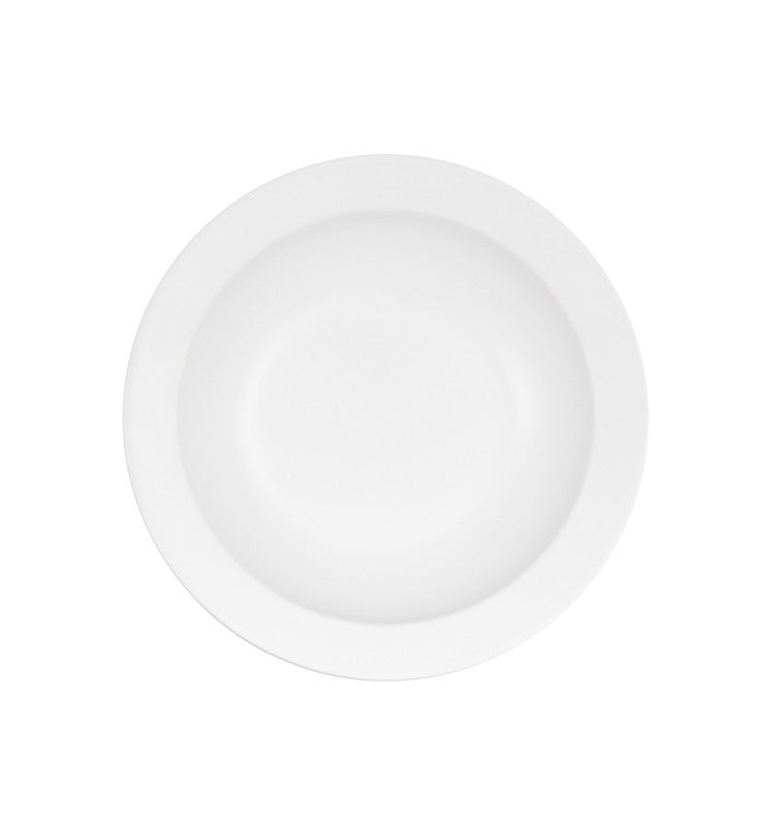A plain, round, white 10 inch bowl is seen from above against a white background. The bowl features a wide rim and shallow center, with smooth, clean lines and no decorations or patterns visible.