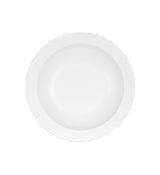 A plain, round, white 10 inch bowl is seen from above against a white background. The bowl features a wide rim and shallow center, with smooth, clean lines and no decorations or patterns visible.