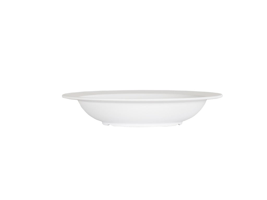 A plain, shallow 10 inch bowl with a wide rim, centered against a white background. The bowl is empty and has a smooth, minimalist design. This melamine bowl is both durable and dishwasher safe.
