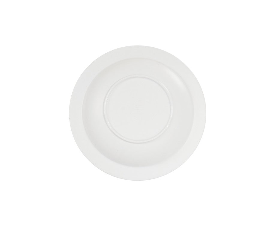 A plain white, round 9 inch bowl is centered on a plain white background. The melamine bowl has a shallow depth with a slightly raised rim and a subtle circular indentation near the center.