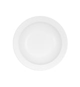A plain, round, white 9 inch bowl viewed from above against a white background. The bowl has a smooth surface and a slightly raised rim, with no visible patterns or decorations.