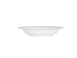 A plain, white, 9 inch melamine bowl with a wide rim is centered on a white background. The bowl is empty and features a smooth surface with a simple, minimalist design that is also dishwasher safe.