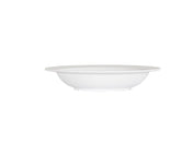 A plain, white, 9 inch melamine bowl with a wide rim is centered on a white background. The bowl is empty and features a smooth surface with a simple, minimalist design that is also dishwasher safe.