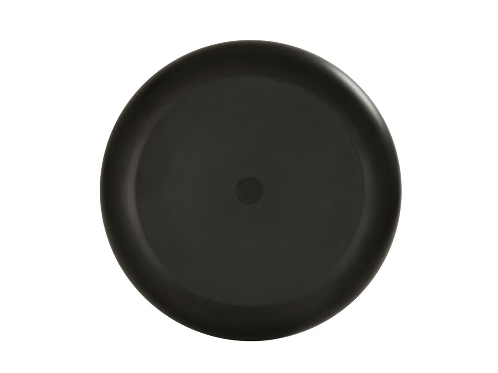 A plain, round, matte black pasta bowl is shown from above against a white background. This 14 inch pasta bowl has a smooth surface with no visible patterns or textures.