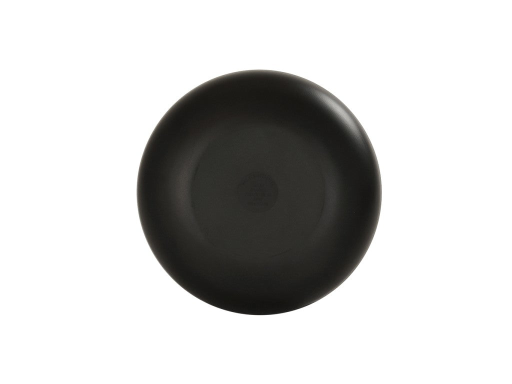 A simple, round, matte black Sophie Pasta Bowl made of melamine is centered on a plain white background. The 16 oz. bowl has smooth edges and no visible patterns or decorations, giving it a minimalist and modern appearance.