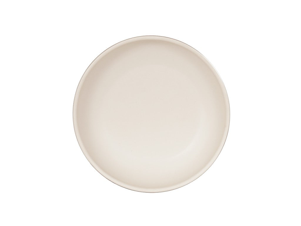 A plain, round, off-white ceramic plate is shown from above on a white background. Resembling the Sophie Pasta Bowl, 16 oz., its smooth surface and subtle rim offer a minimalist look—ideal for those who prefer simplicity over patterned melamine dinnerware.