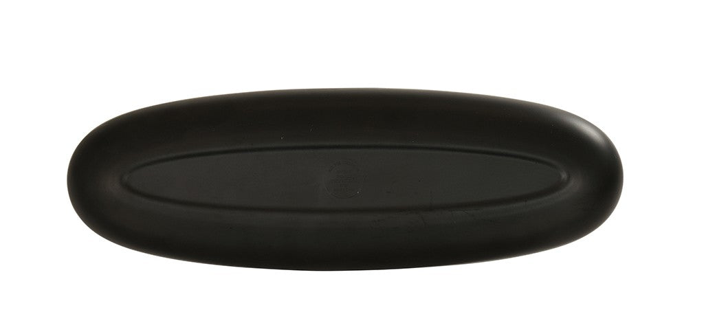 A black, elongated oval-shaped glasses case with smooth edges and a slightly convex top, shown closed against a white background. The matte, two-tone surface features a subtle recessed oval pattern in the center for added style.