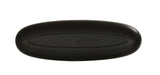 A black, elongated oval-shaped glasses case with smooth edges and a slightly convex top, shown closed against a white background. The matte, two-tone surface features a subtle recessed oval pattern in the center for added style.
