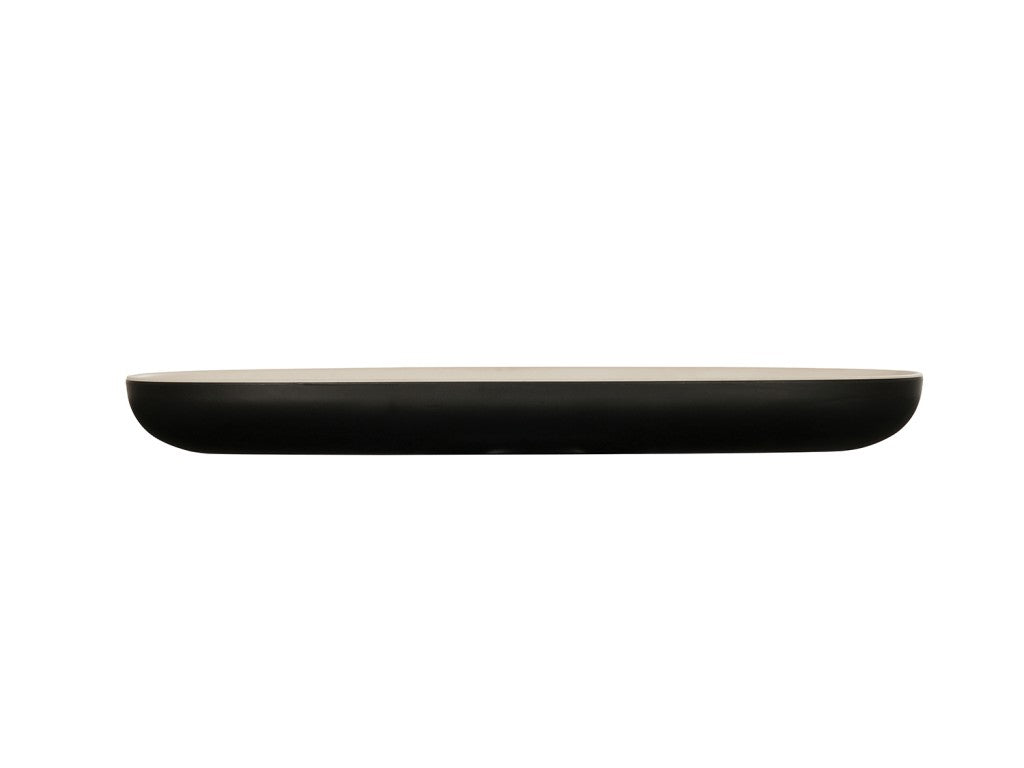 A flat, oval-shaped tray with a shallow, two-tone design—its light top surface contrasts with black curved sides and base. Reminiscent of the Cal-Mil Sophie Pasta Bowl, it’s displayed against a plain white background.