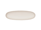 A plain, oval-shaped, beige Cal-Mil ceramic platter is shown from above against a white background. The platter has a smooth surface and gently curved, slightly raised edges.