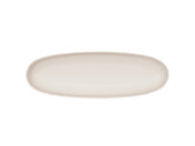 A plain, oval-shaped, beige Cal-Mil ceramic platter is shown from above against a white background. The platter has a smooth surface and gently curved, slightly raised edges.