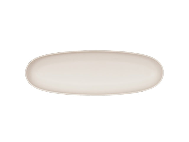 A plain, oval-shaped, beige Cal-Mil ceramic platter is shown from above against a white background. The platter has a smooth surface and gently curved, slightly raised edges.